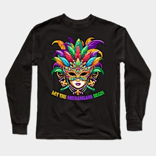 Let The Shenanigans Begin Mardi Gras Jester Mask Beads Women Long Sleeve T-Shirt